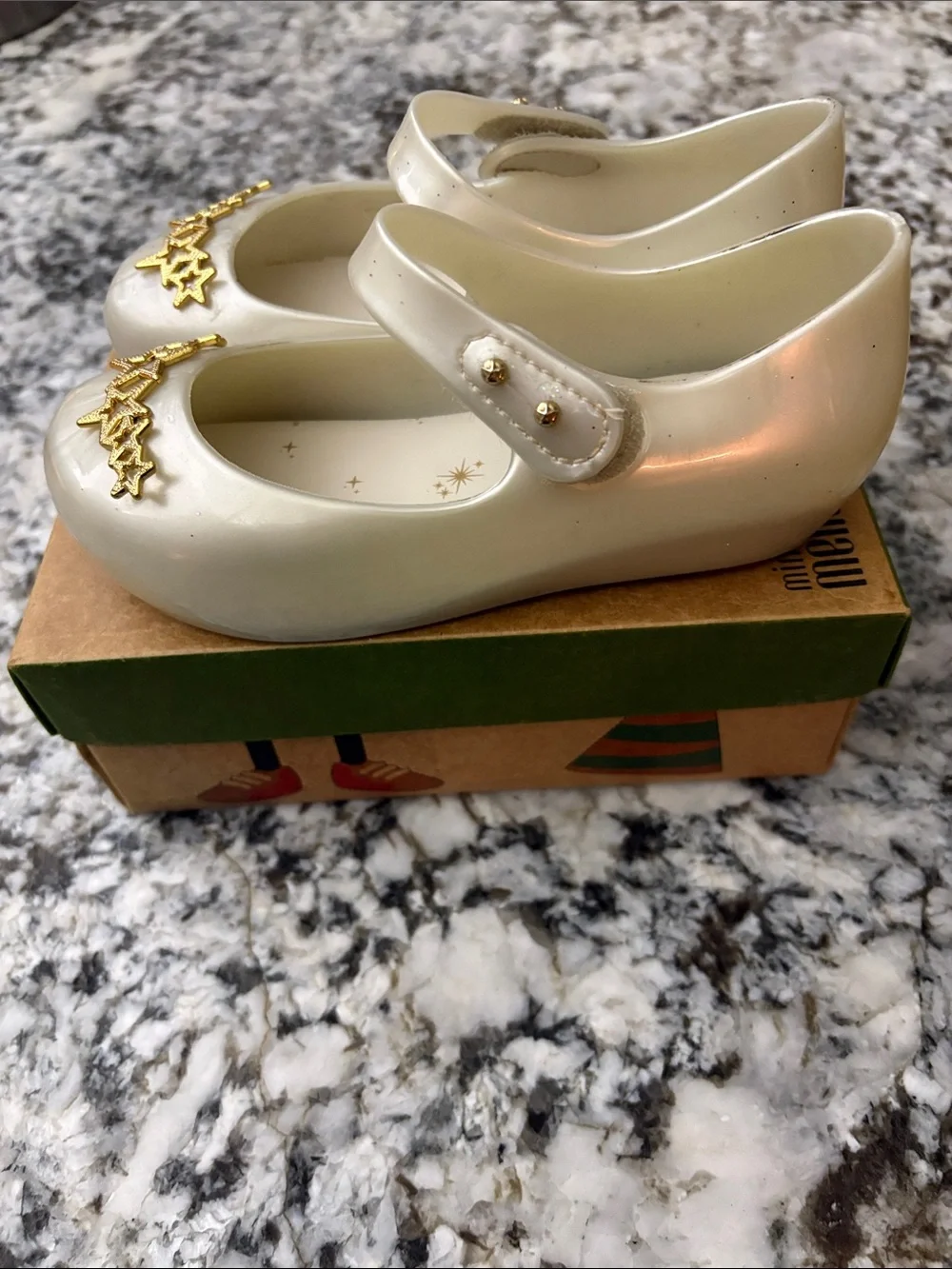 Mini Melissa Pearl White Mary Jane with Gold Star Trim